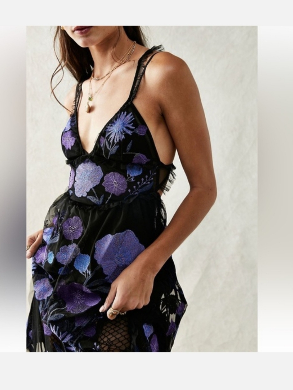 For Love & Lemons Black Sheer Dress with Purple & Blue Floral Embroidery